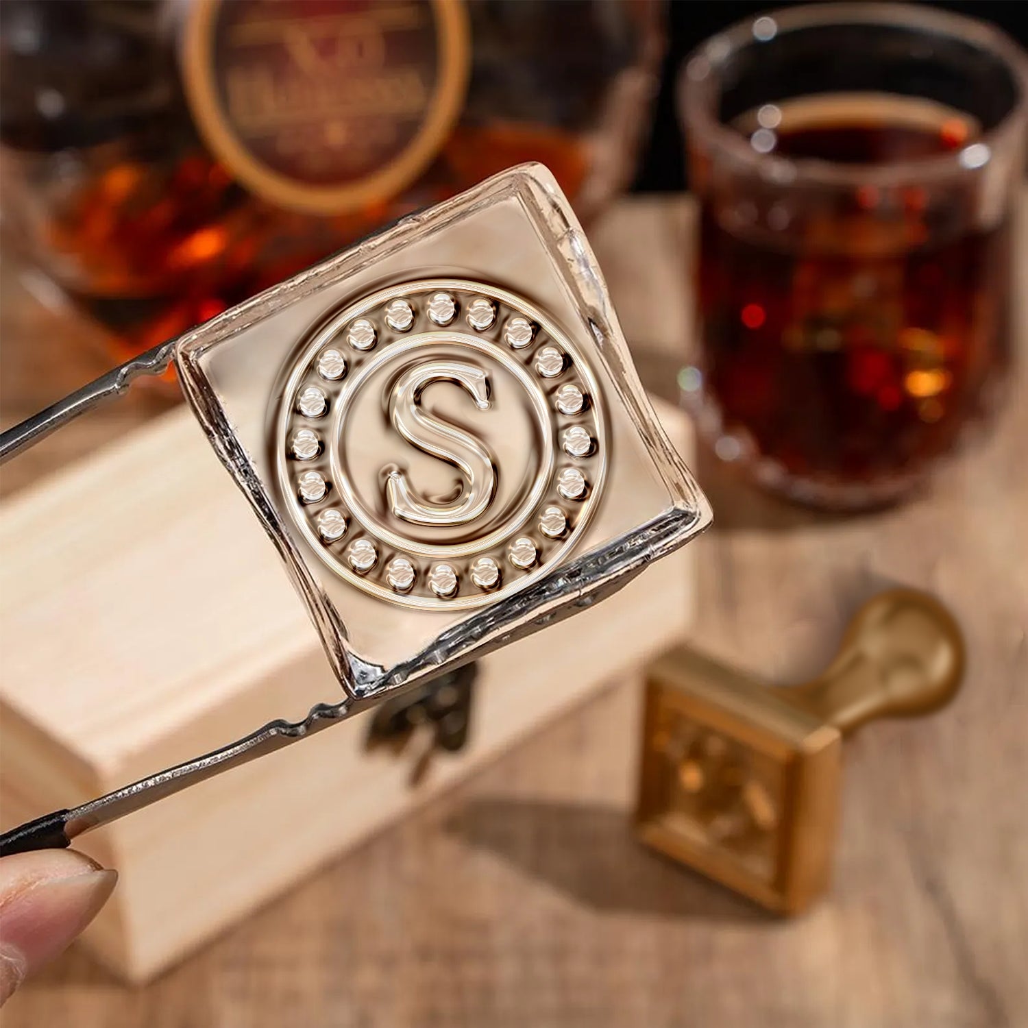 Custom Dot Crown Single Monogram Brass Ice Stamp for Professional Bartenders \u0026 Event Planners - Handcrafted Cocktail Ice Stamp | Stamprints, image size:1500x1500