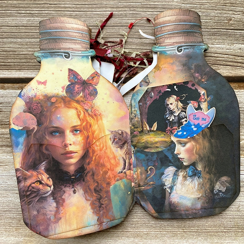 Alice's Wonderland Handmade Bottle-shaped Junk Journal Folio Kit - Stamprints3