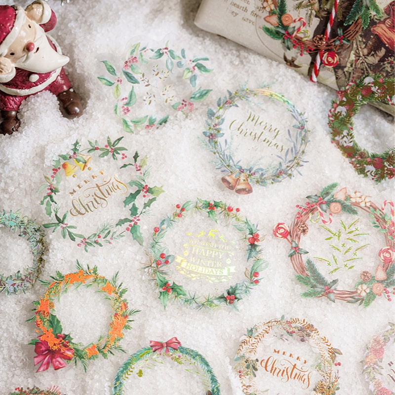 Christmas Gold Foil PET Stickers - Plants, Greetings, Wreaths, Snowmen, Animals c