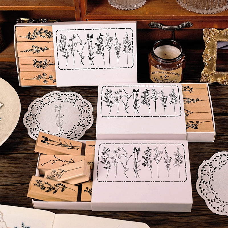 Collection of Flowers and Plants Series Vintage Botanical Wooden Stamp Set a