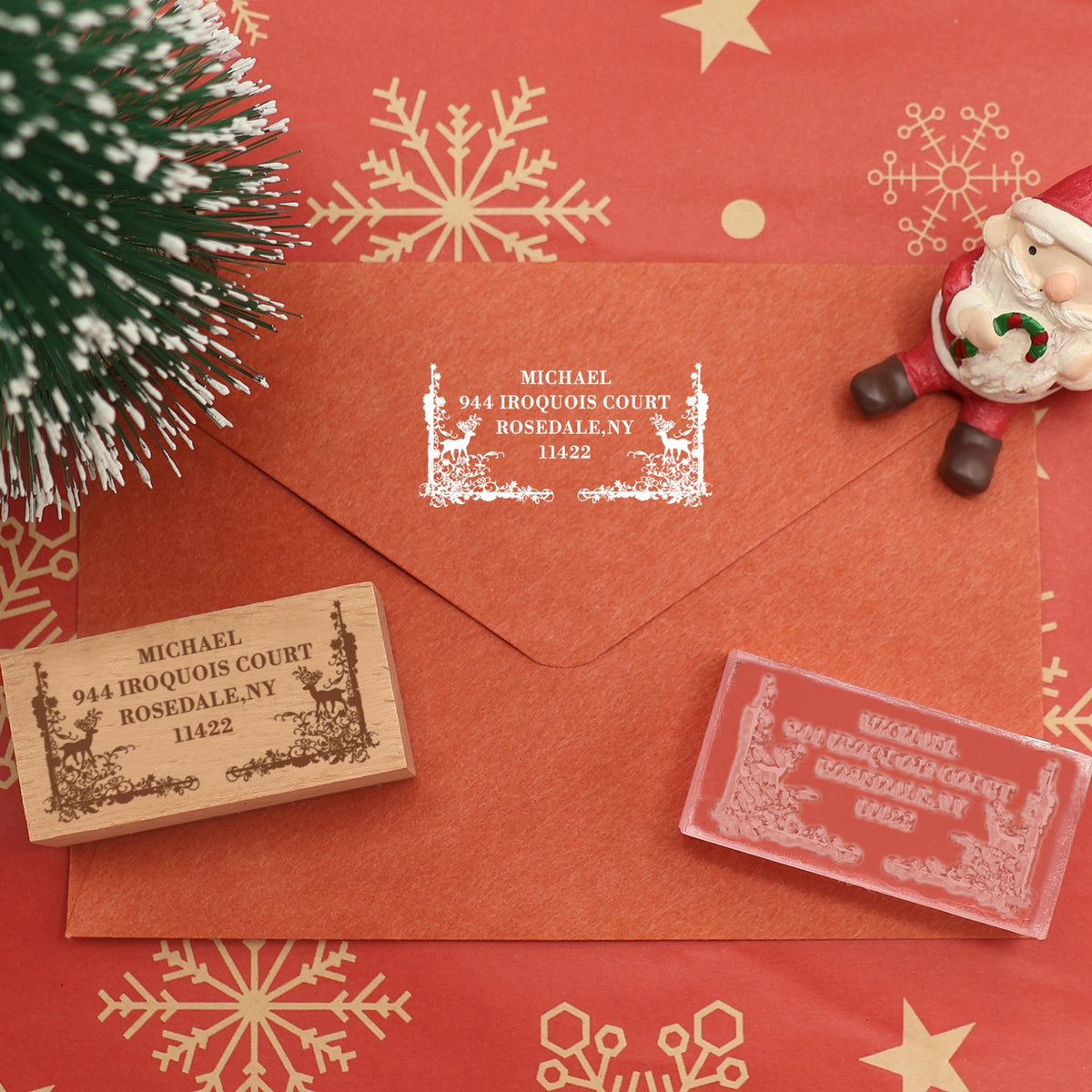 Custom Christmas Deer in the Forest Rectangle Address Rubber Stamp