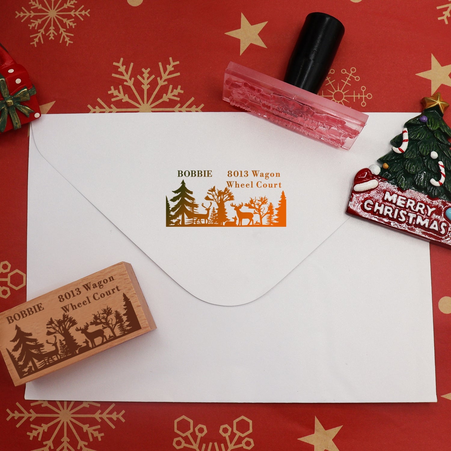 Custom Christmas Forest and Reindeer Rectangle Rubber Stamp2