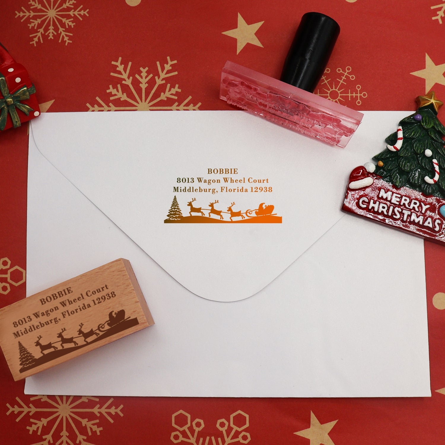 Custom Christmas Rectangle Santa in Sleigh Rubber Stamp2