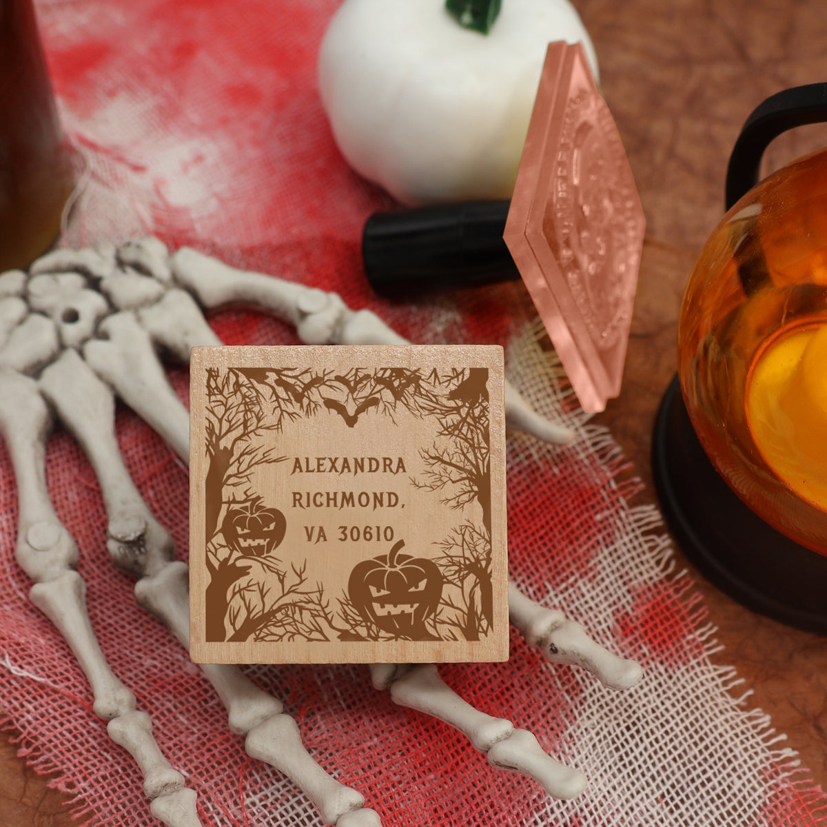 Custom Forest and Pumpkin Halloween Address Rubber Stamp1