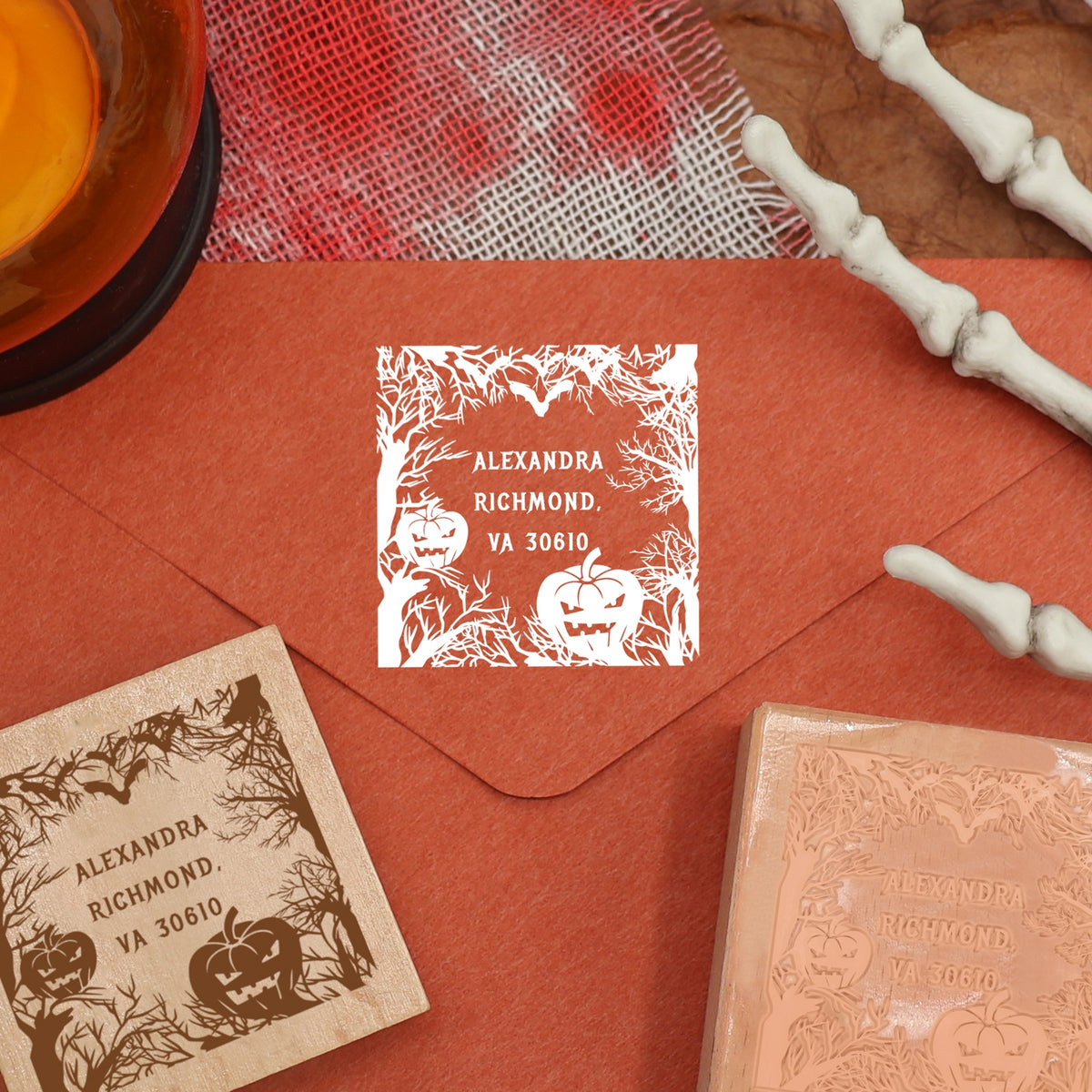 Custom Forest and Pumpkin Halloween Address Rubber Stamp