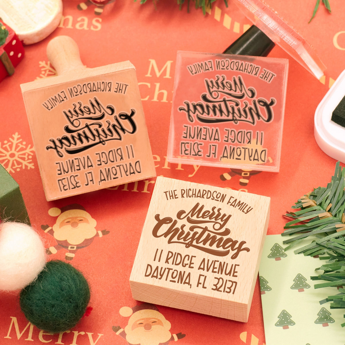 Custom Merry Christmas Square Address Rubber Stamp1