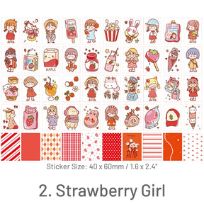 Strawberry Girl-Pet and People Washi Sticker Book - Cat, Girl, Rabbit, Unicorn