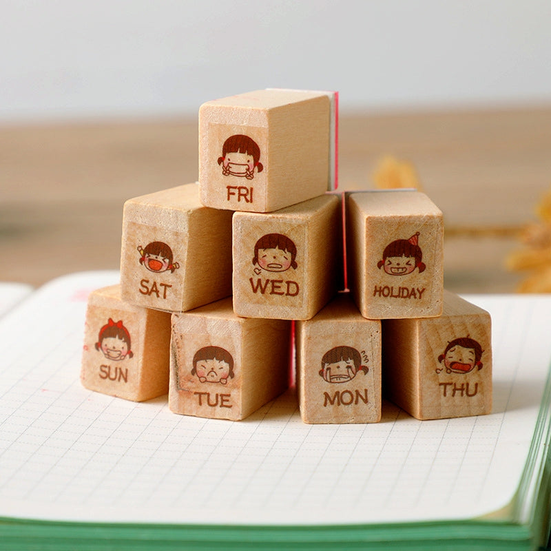 Ready Made Rubber Stamp - Cute Girl Weekly Journal Wood Rubber Stamp Set