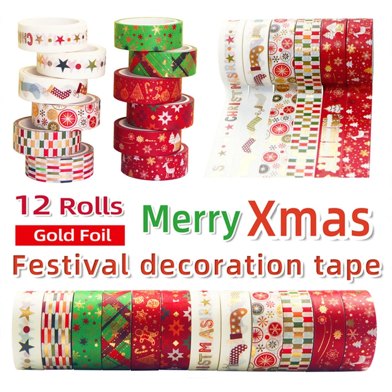 Tape - 12 Rolls Gold Foil Basic Christmas Washi Tape Set