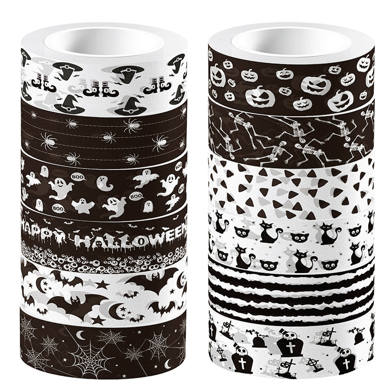 Halloween Bat and Pumpkin Black and White Washi Tape Set (12 Rolls) b