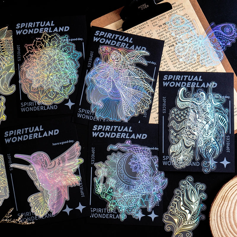 Holographic Hot Stamping Silver PET Stickers - Goldfish, Bird, Butterfly, Moon, Feather, Girl, Flower, Mandala a
