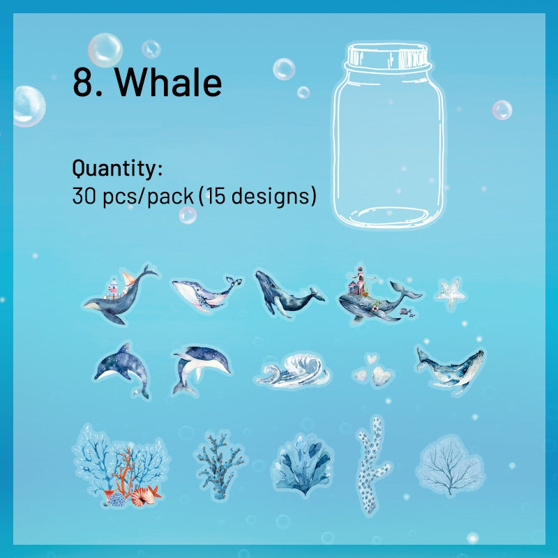 Ocean and Marine Animals PET Stickers - Whale, Fish, Shell, Pearl, Coral, Conch Shell, Jellyfish sku-8