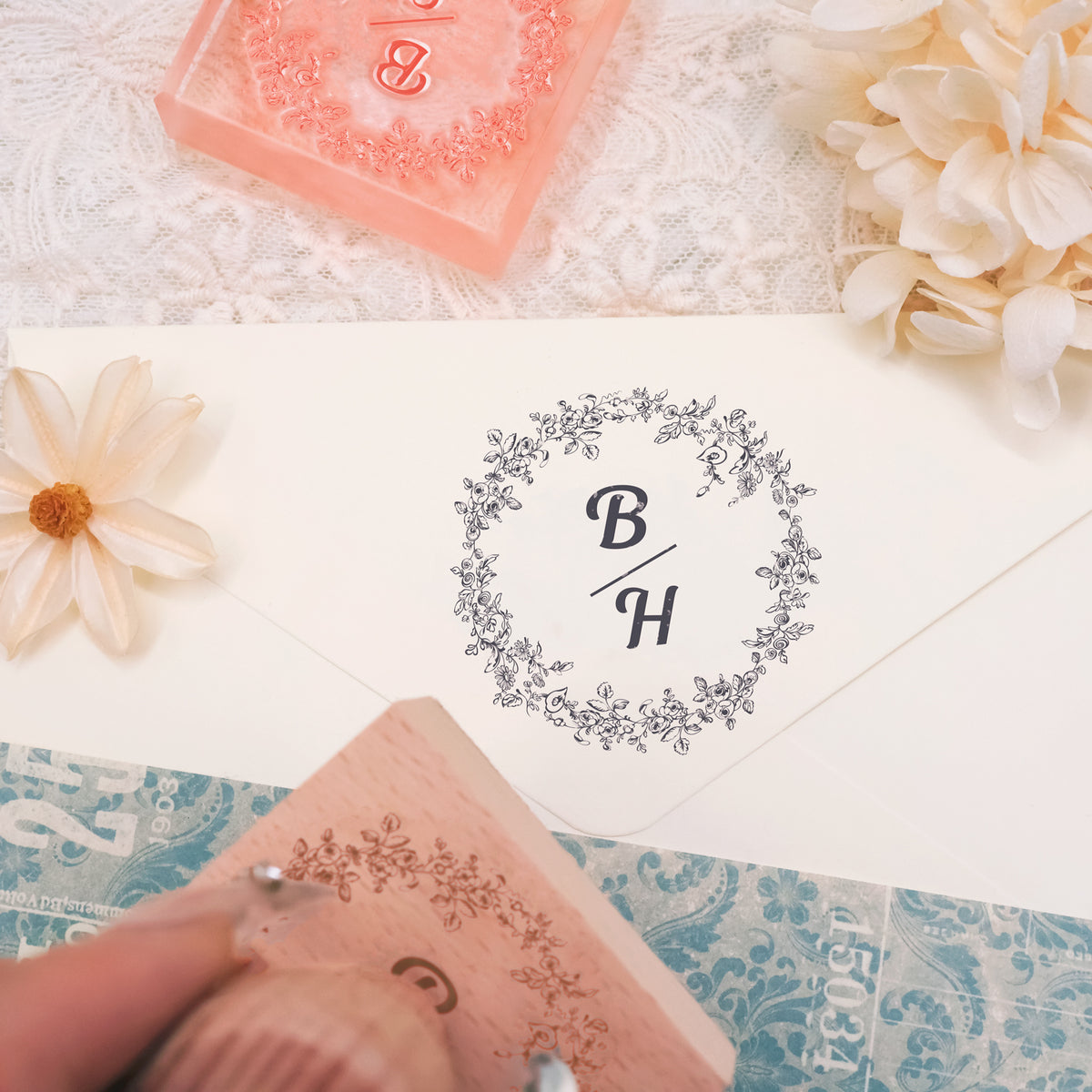 Custom Botanical Wedding Monogram Rubber Stamp -SKU14 3