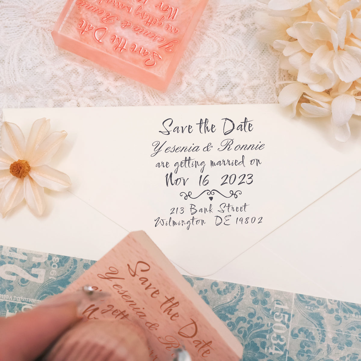 Custom Pure Text Handwriting Font Wedding Save the Date Rubber Stamp