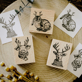 Cute Animals with Antler Wooden Rubber Stamp b