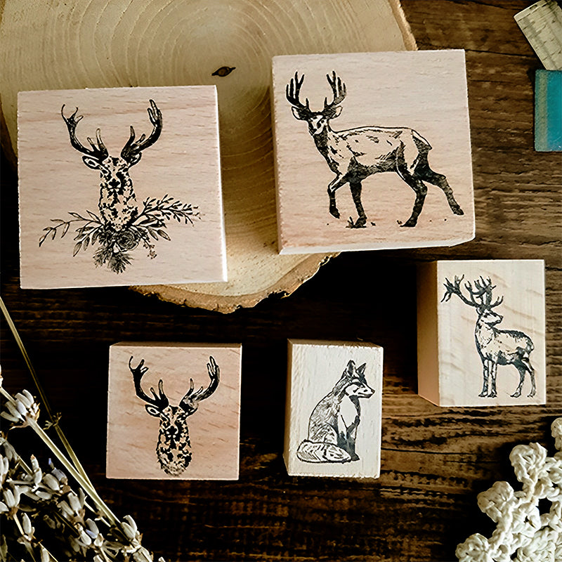 Ready Made Rubber Stamp - Cute Animals with Antler Wooden Rubber Stamp