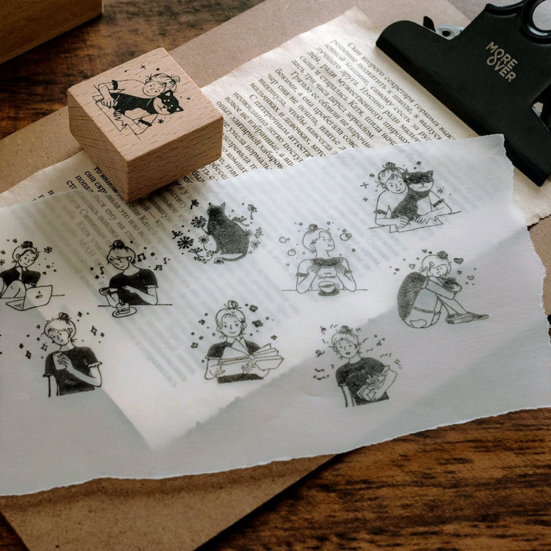 Good Day Cartoon Character Cat Wooden Rubber Stamp b3