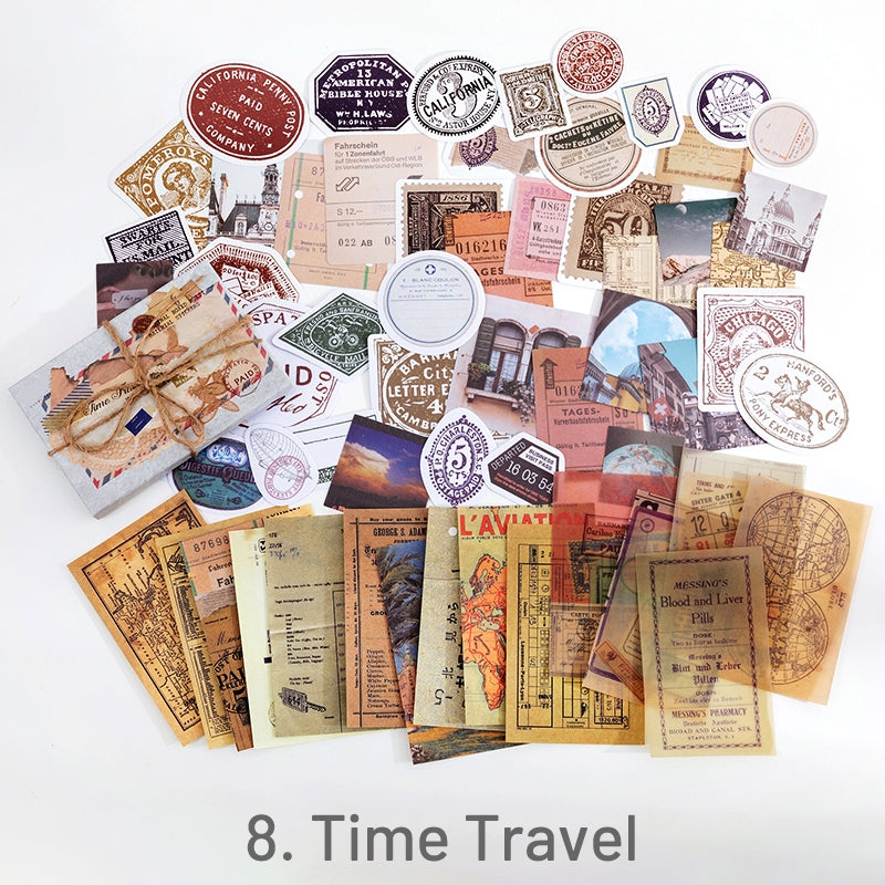 Travel-Vintage Assorted Material Sticker Pack - Travel, Butterfly, Mushroom, Astrology, Plant, Bill, Poster, Antique