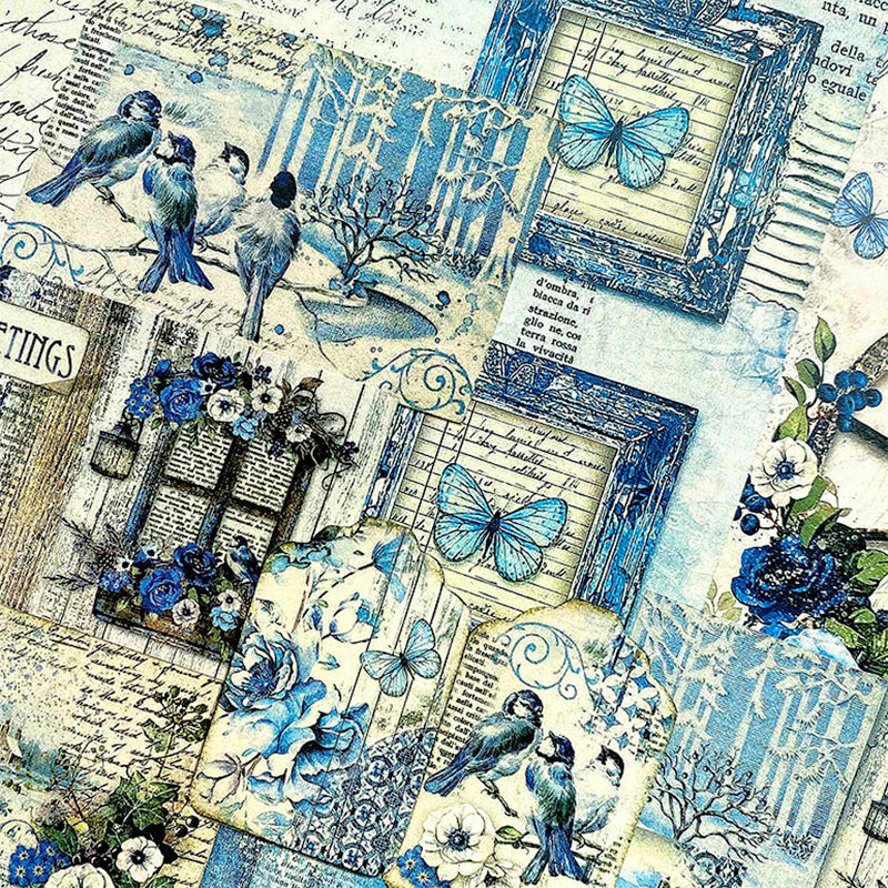 Vintage Blue Floral Bird Scrapbook Paper | Stamprints Pastoral Design vintage-blue-floral-bird-scrapbook-paper-stamprints-pastoral-design