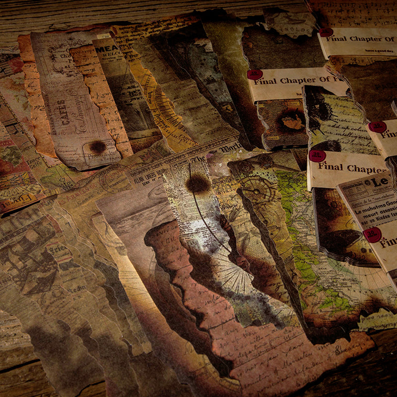 Vintage Burn Marks Scrapbook Paper - Butterfly, Travel, Newspaper, Music, Manuscript, Astrology, Map, Ticket