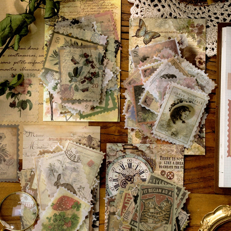 Stamprints Sticker - Vintage Stamp Washi Sticker - Plant, Girl, Poster, Forest