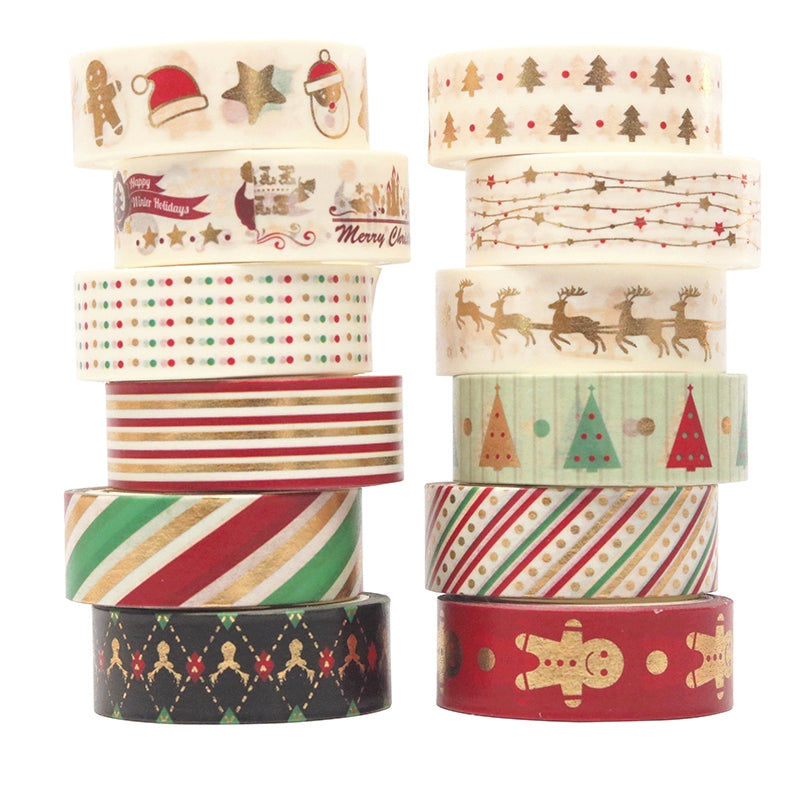 12 Rolls Gold Foil Basic Christmas Washi Tape Set b3