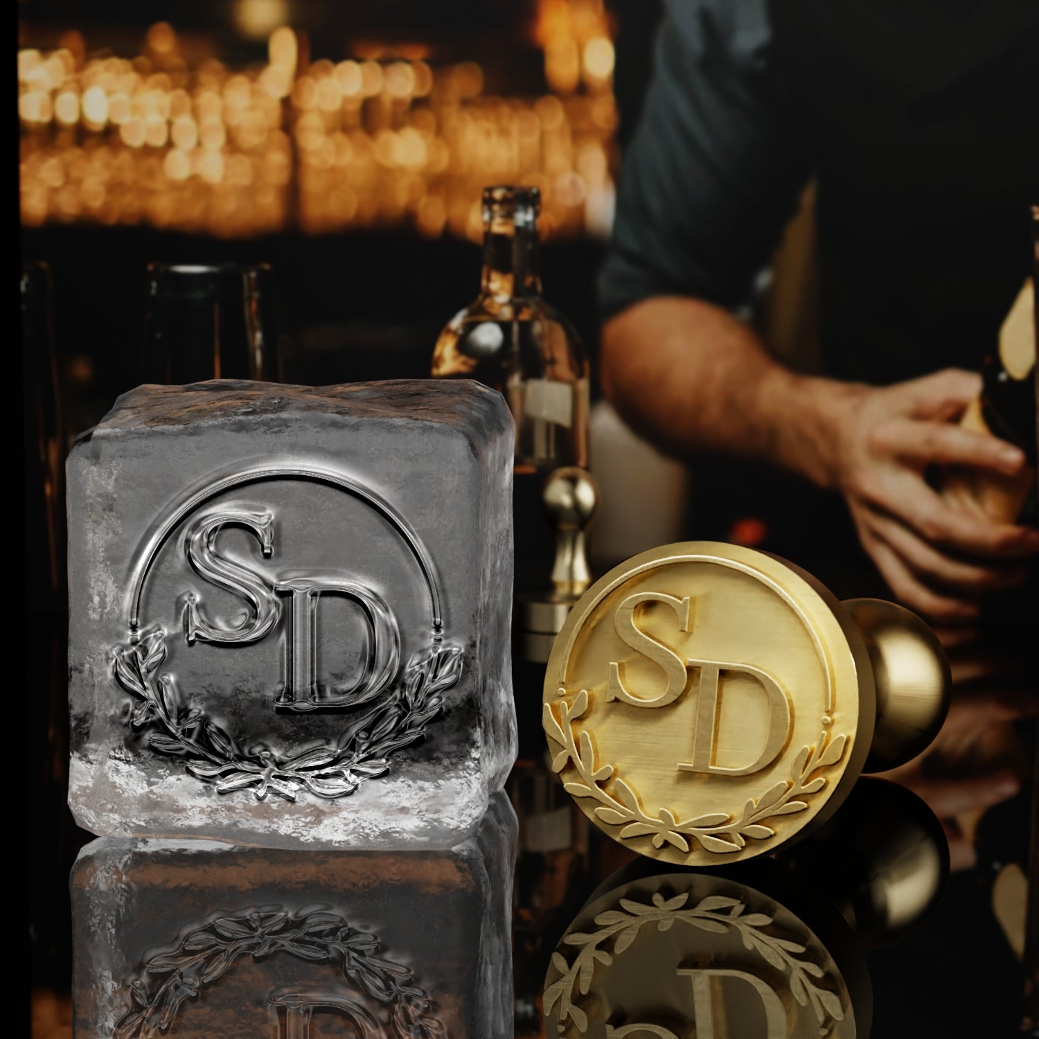 Crescent Laurel Double Monogram Brass Ice Stamp for Bartender & Planner