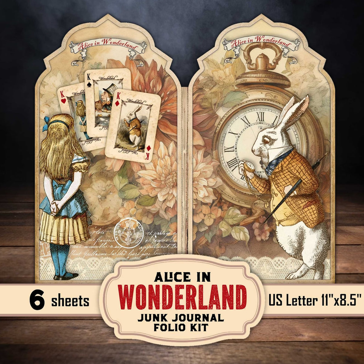 Alice in Wonderland Handmade Junk Journal Folio Kit2