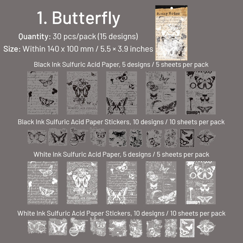 Black and White Scrapbook Paper - Text, Manuscript, Butterfly, Note, Musical, Flower sku-1
