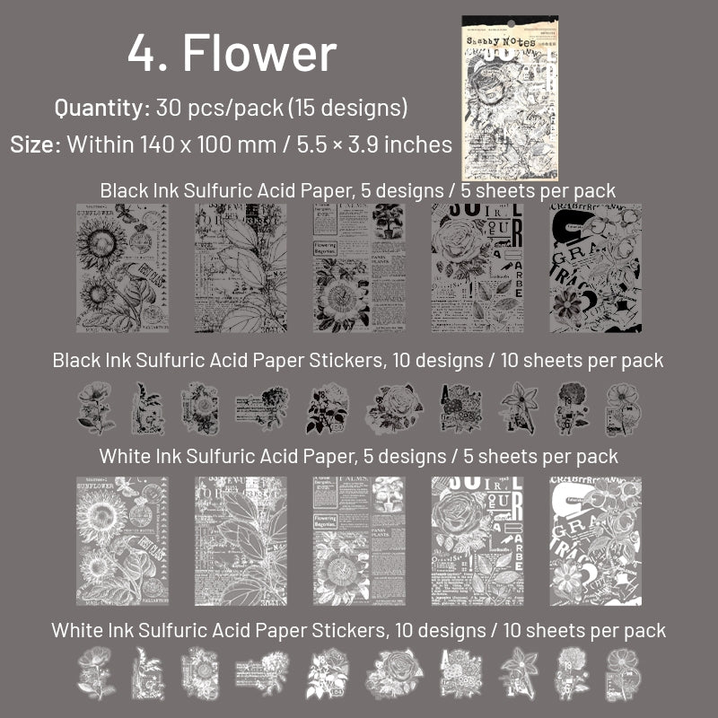 Black and White Scrapbook Paper - Text, Manuscript, Butterfly, Note, Musical, Flower sku-4