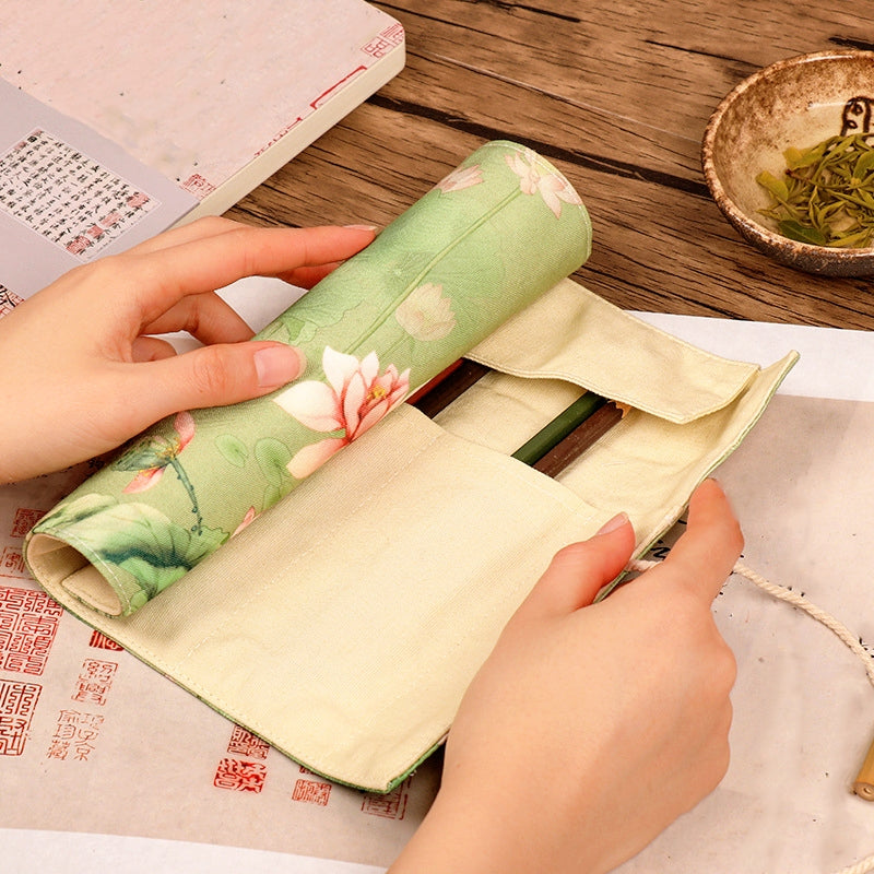 Chinese Style Retro Simple Roll Up Pencil Case - Durable Canvas Organizer