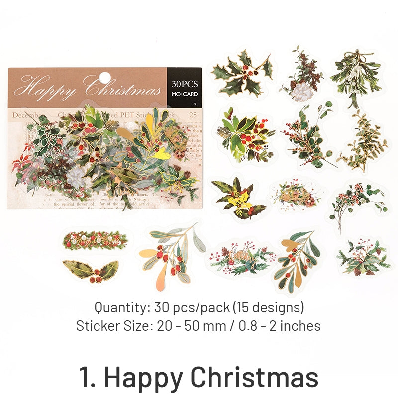 Christmas Gold Foil PET Stickers - Plants, Greetings, Wreaths, Snowmen, Animals sku-1
