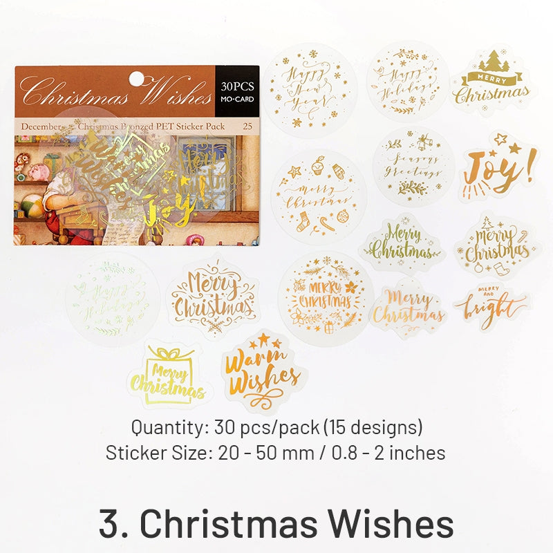 Christmas Gold Foil PET Stickers - Plants, Greetings, Wreaths, Snowmen, Animals sku-3
