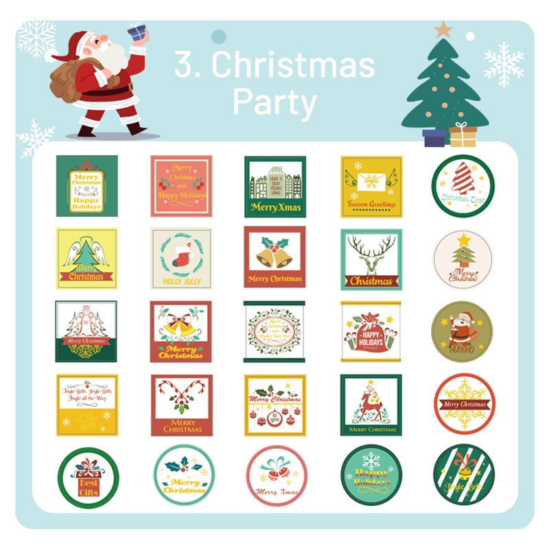 Christmas Gold Foil Seal Stickers - Tree, Wreath, Santa Claus, Poster, Greetings sku-3