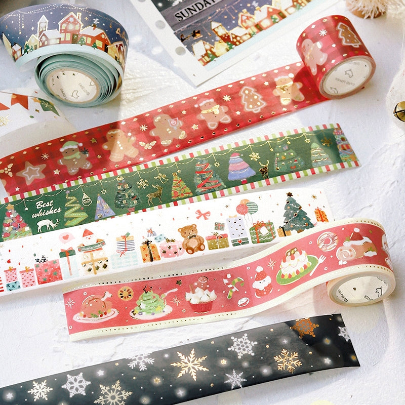 Christmas Gold Foil Washi Tape - Snowflake, Dinner Party, Flags, Tree b4