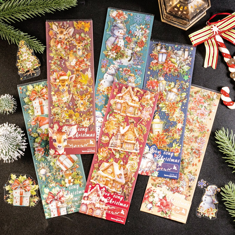 Christmas Holographic Hot Stamping Gold PET Stickers - Wreaths, Food, Lights, Snowmen, Reindeer a