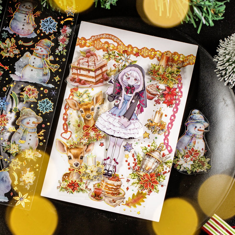 Christmas Holographic Hot Stamping Gold PET Stickers - Wreaths, Food, Lights, Snowmen, Reindeer b3