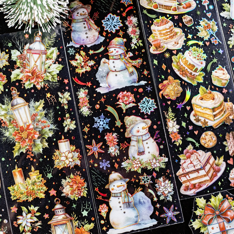 Christmas Holographic Hot Stamping Gold PET Stickers - Wreaths, Food, Lights, Snowmen, Reindeer b