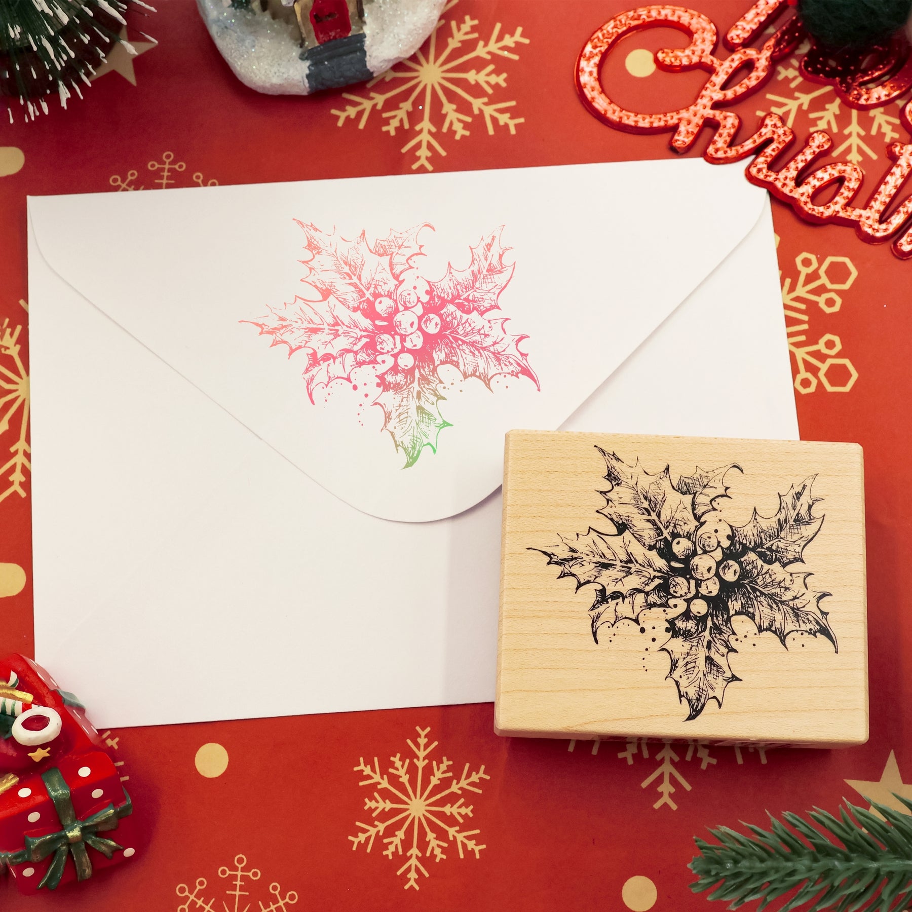 K-Kingdom Christmas Holly Berries Wooden Rubber Stamp2