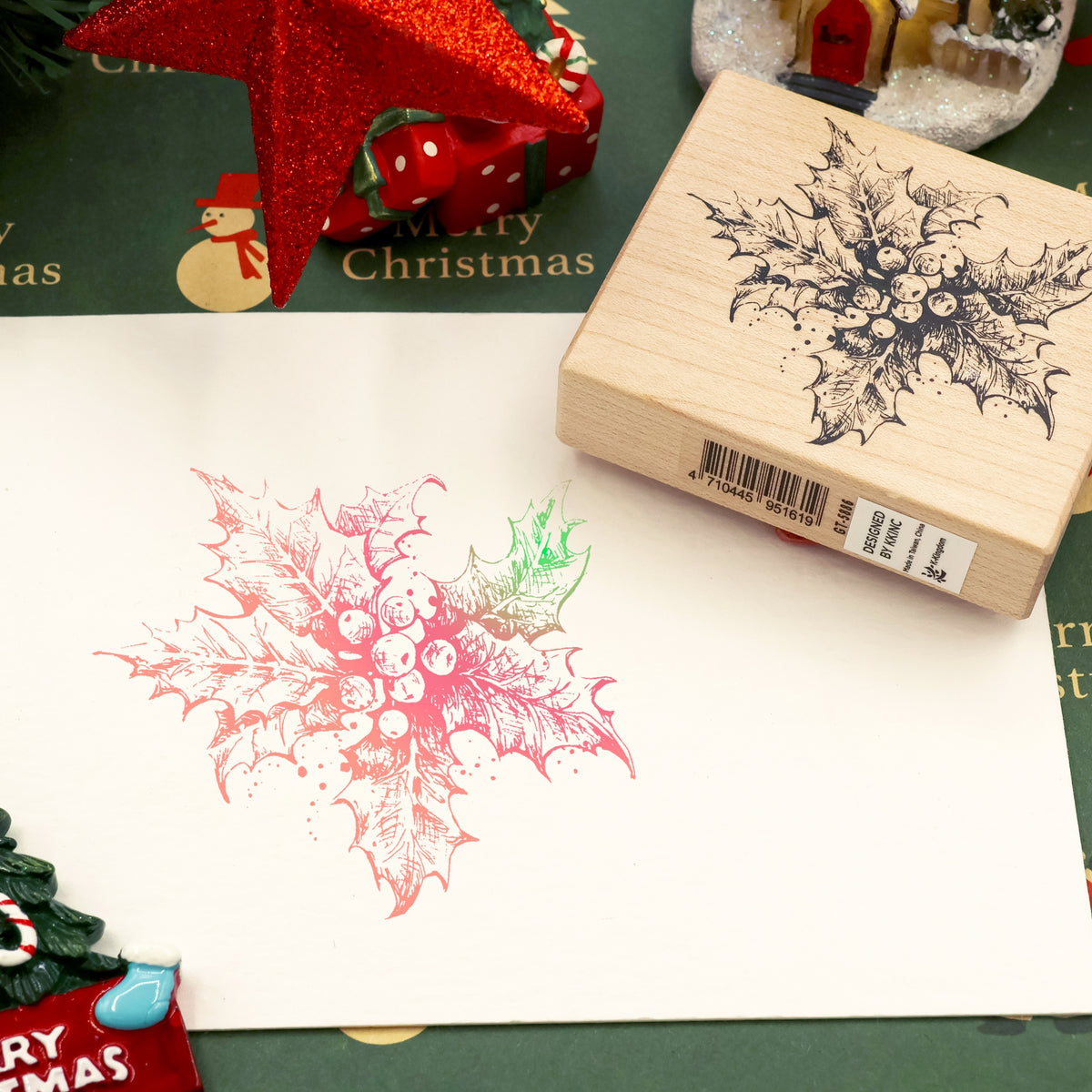 K-Kingdom Christmas Holly Berries Wooden Rubber Stamp1