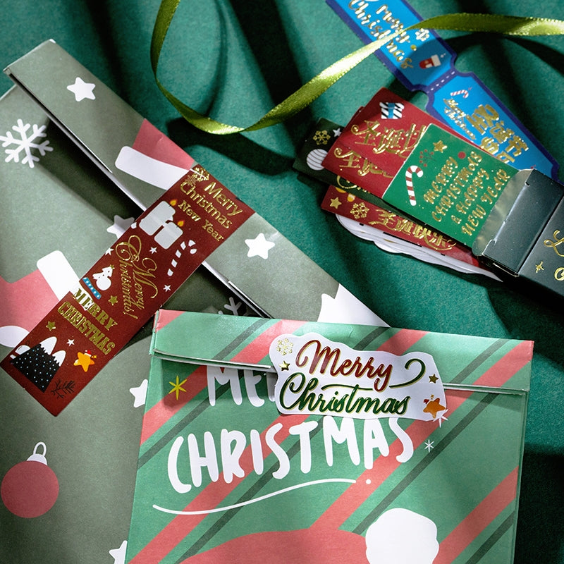 Christmas Long Gold Foil Stickers - Trees, Snowmen, Greetings, Santa Claus b2