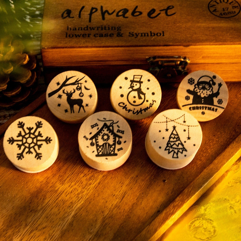 Christmas Round Rubber Stamp Set - Santa Claus, Snowflake, Reindeer, Christmas Tree, Snowman, House a