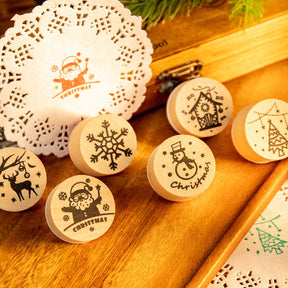 Christmas Round Rubber Stamp Set - Santa Claus, Snowflake, Reindeer, Christmas Tree, Snowman, House b1
