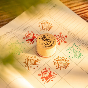 Christmas Round Rubber Stamp Set - Santa Claus, Snowflake, Reindeer, Christmas Tree, Snowman, House b3