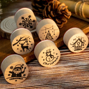 Christmas Round Rubber Stamp Set - Santa Claus, Snowflake, Reindeer, Christmas Tree, Snowman, House b4