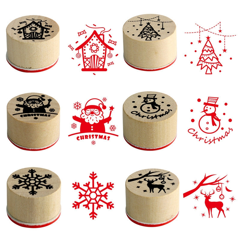 Christmas Round Rubber Stamp Set - Santa Claus, Snowflake, Reindeer, Christmas Tree, Snowman, House b7