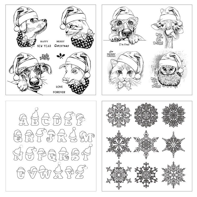 Christmas Silicone Rubber Stamps - Snowman, Dog and Cat, Greetings, Alphabet b2