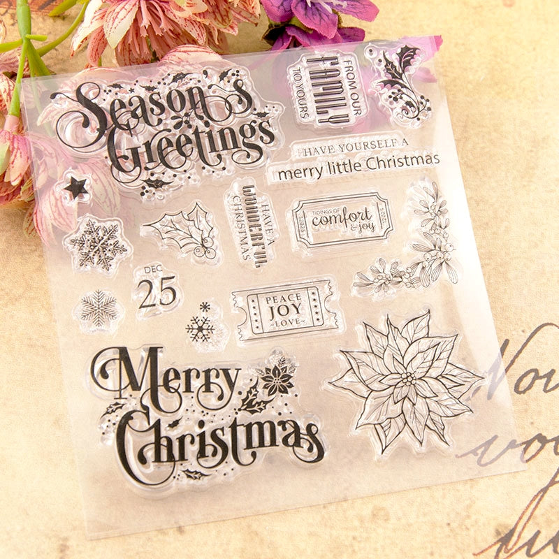 Christmas Text Snowflake Leaves Clear Silicone Stamps a