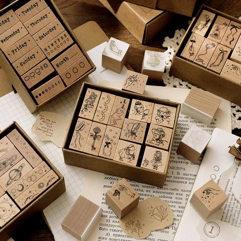 Collection of Everything Series Retro Wooden Rubber Stamp Set a