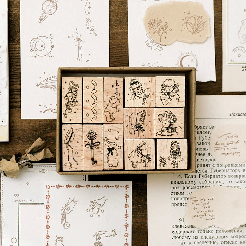 Collection of Everything Series Retro Wooden Rubber Stamp Set b2